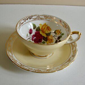Vintage Bone China Teacup and Saucer Yellow Red Roses Floral Gold Gilt Scalloped